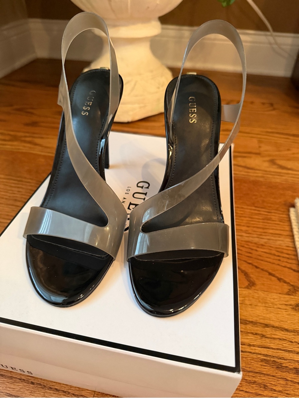 GUESS Gray and Black Patent Slingback Heels